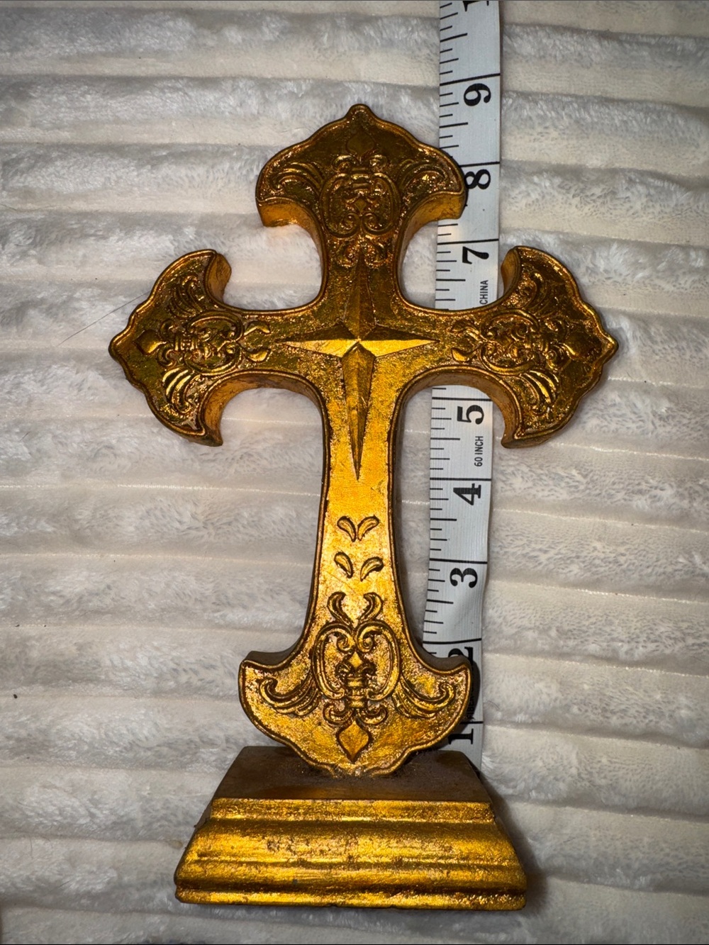 Ornate Distressed Gold Decorative Cross Tabletop Standing